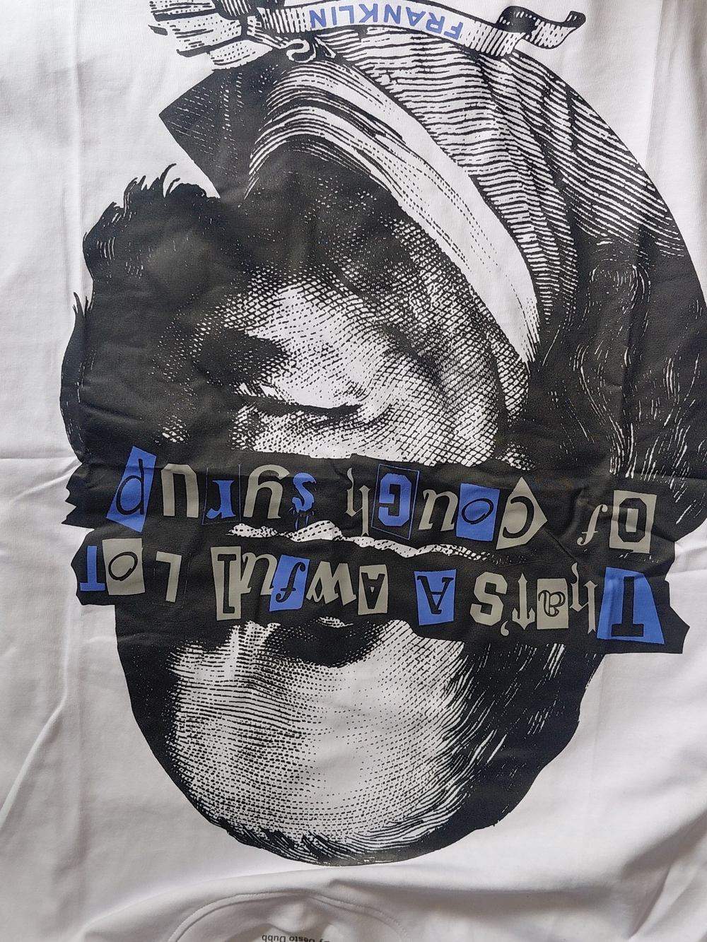 White Graphic Short Sleeve Tee with Black & Blue Print